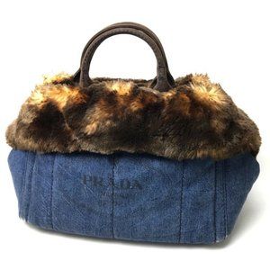 PRADA Denim with fur Hand Bag Tote Bag blue/Brown Denim/Faux BN2182